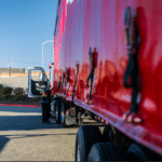 A man working on a red tractor trailer.